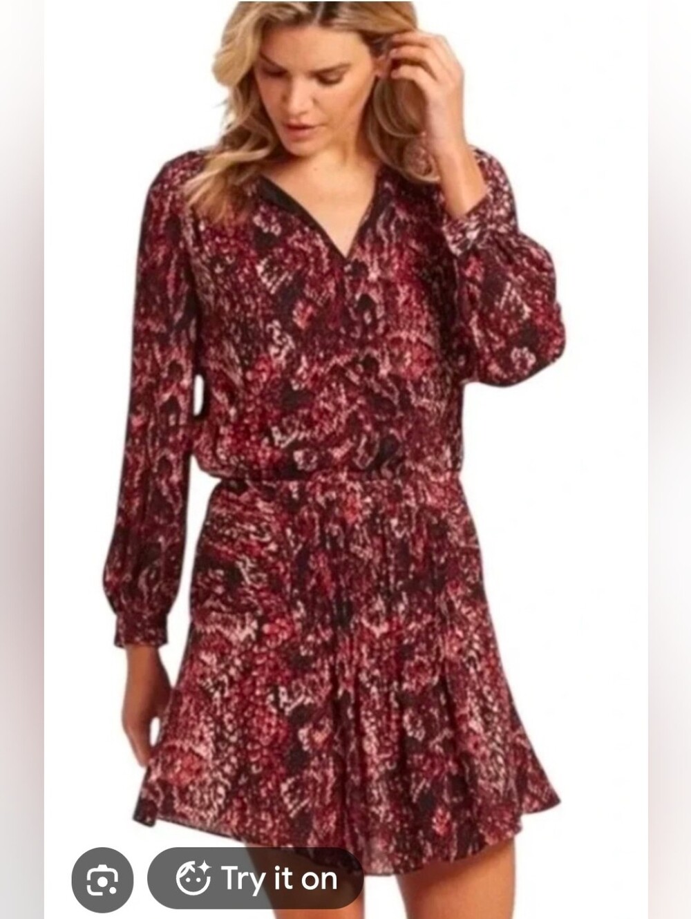 Marie Oliver Burgundy and Black Printed Long-Sleeve V-Neck Dress